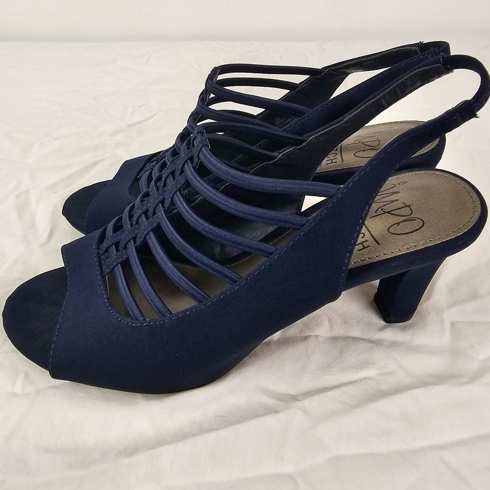 Impo Vandra Navy Blue Sz 6 Stretch Strappy Open Toe Chunky Heels Sandals Slip On